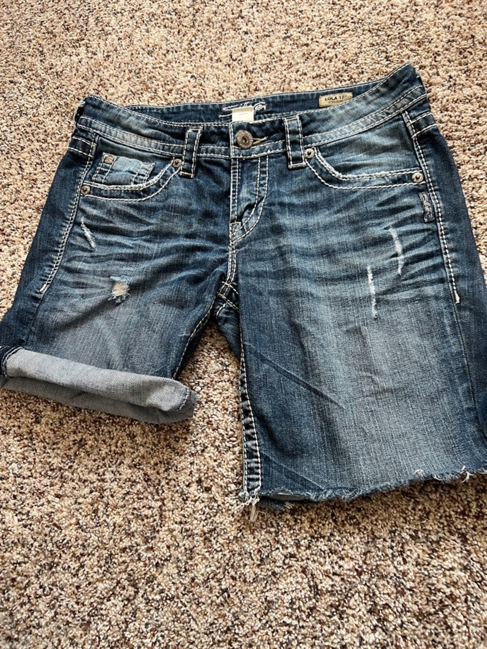 Silver Jeans Dark Blue Distressed Rolled Cuff Denim Shorts